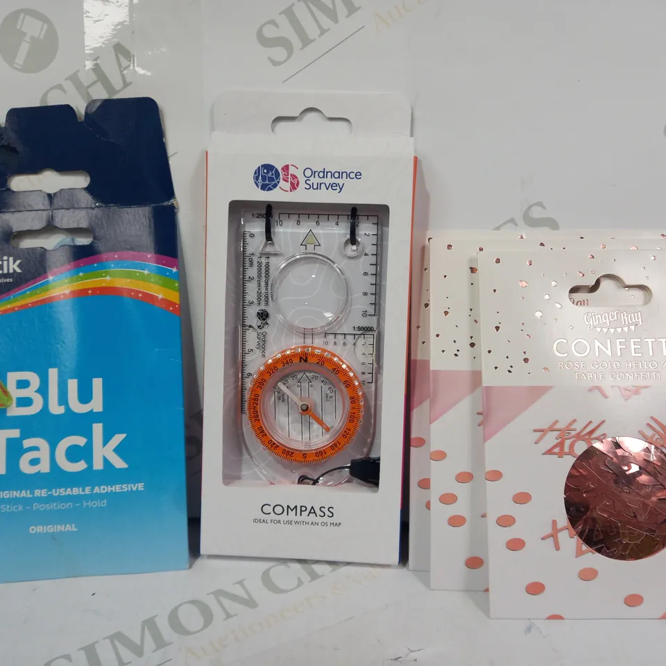 LOT OF APPROXIMATELY 10 ASSORTED HOUSEHOLD ITEMS TO INCLUDE BLU TACK, COMPASS, ROSE GOLD CONFETTI, ETC