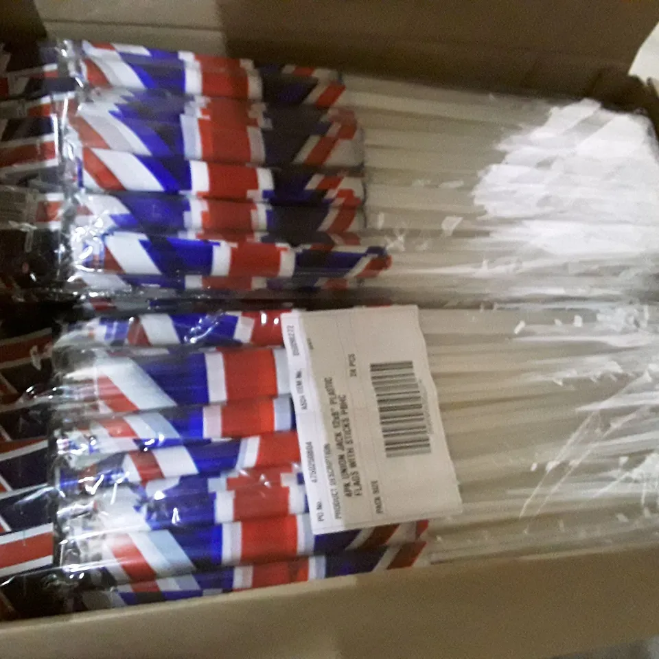 BOX CONTAINING APPROXIMATELY 20 PACKS EACH CONTAINING 24 BRAND NEW UNION JACK FLAGS ON STICKS