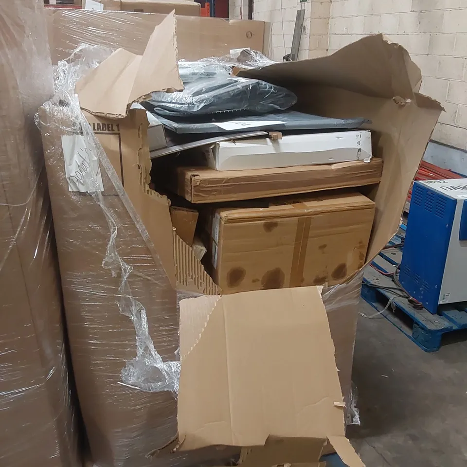 PALLET OF ASSORTED HOUSEHOLD ITEMS AND CONSUMER PRODUCTS TO INCLUDE; CEILING LIGHTS, DECOR ITEMS, BOXED FURNITURE ETC 