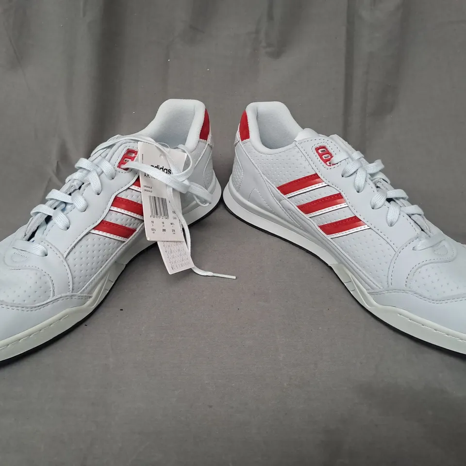 BOXED PAIR OF ADIDAS A.R. TRAINERS IN PALE BLUE/RED UK SIZE 10