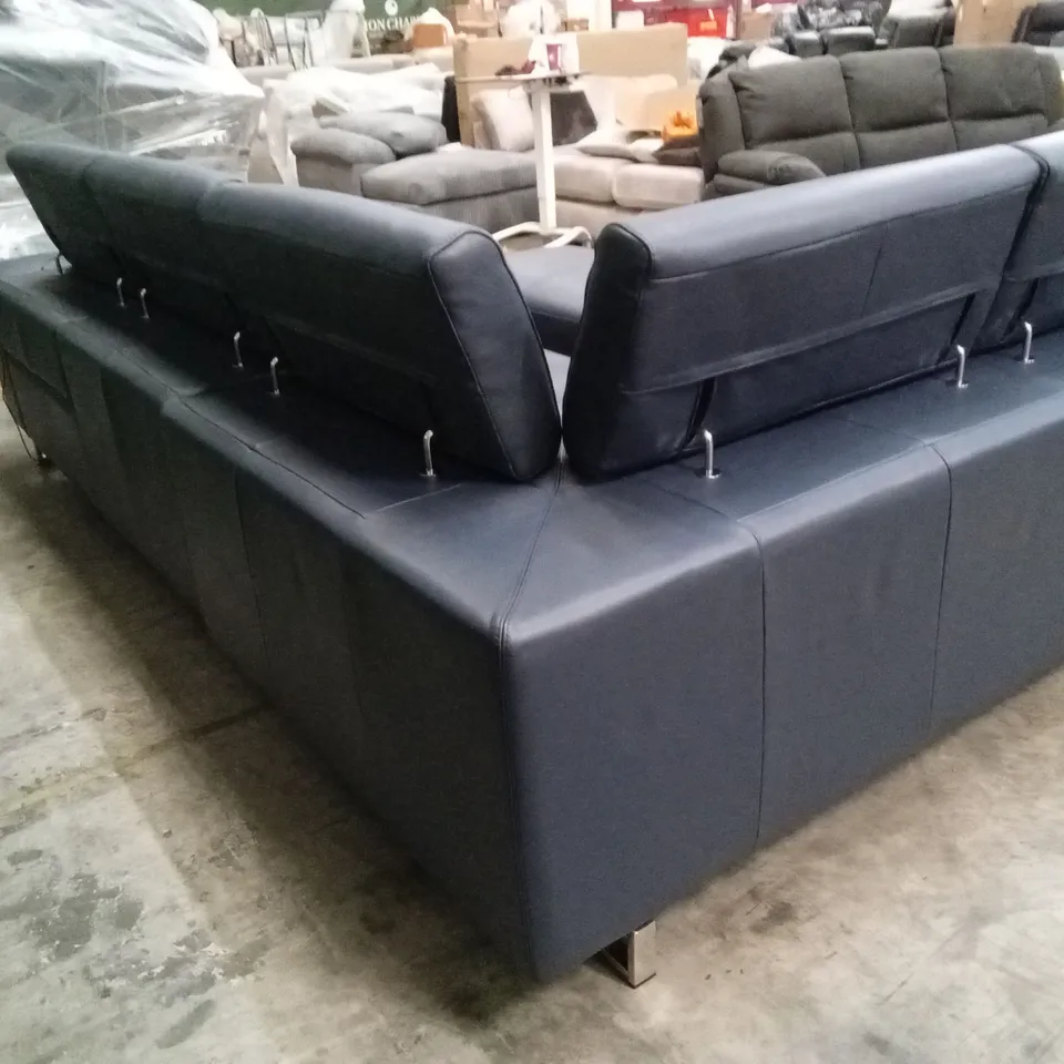 QUALITY DESIGNER ITALIAN MADE CARLO ELECTRIC RECLINING LEATHER UPHOLSTERED CORNER CHAISE SOFA WITH FOOTSTOOL - DEEP BLUE