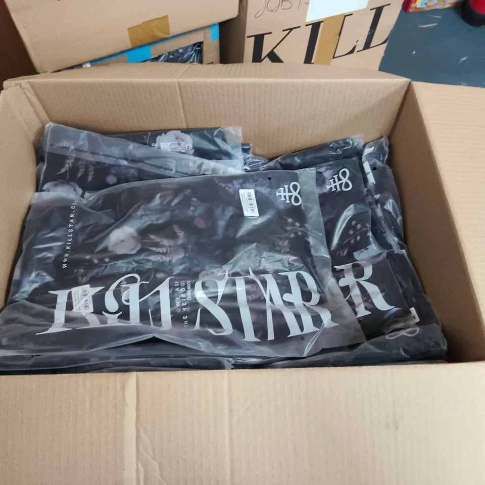 LOT OF APPROXIMATELY 40 BRAND NEW KILLSTAR DUSK GARDEN MAXI DRESSES IN BLACK/PURPLE - VARIOUS SIZES