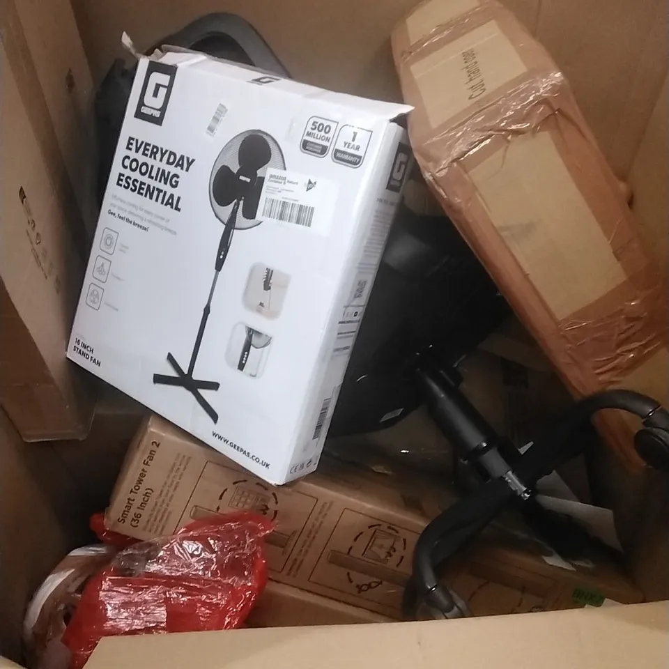 PALLET OF ASSORTED HOUSEHOLD GOODS AND PRODUCTS TO INCLUDE; COOLING FANS,OFFICE CHAIR,BOXED FURNITURE ETC