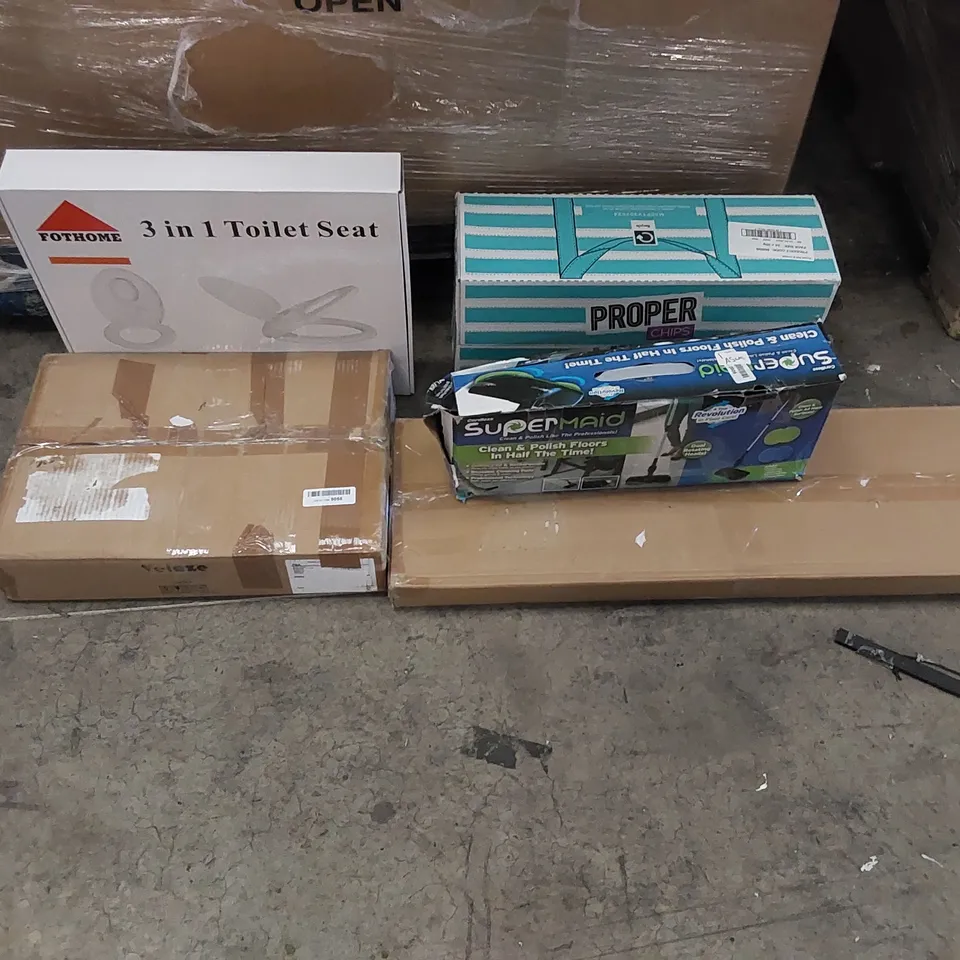 PALLET OF ASSORTED ITEMS INCLUDING: SEASONED SKILLET GRILL, FLOOR MOP, BATHROOM CABINET, CRIPS, TOILET SEAT