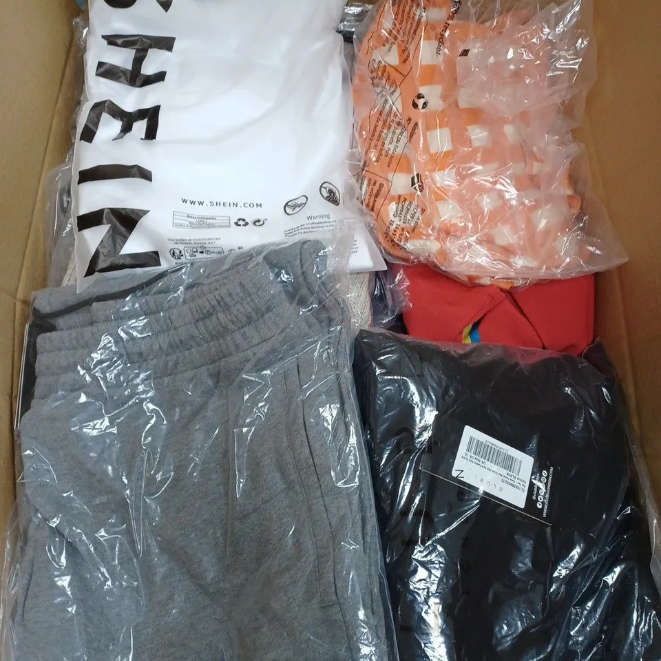 LARGE BOX OF ASSORTED CLOTHING ITEMS IN VARIOUS COLOURS AND SIZES INCLUDING TROUSERS , TOPS AND JUMPERS 