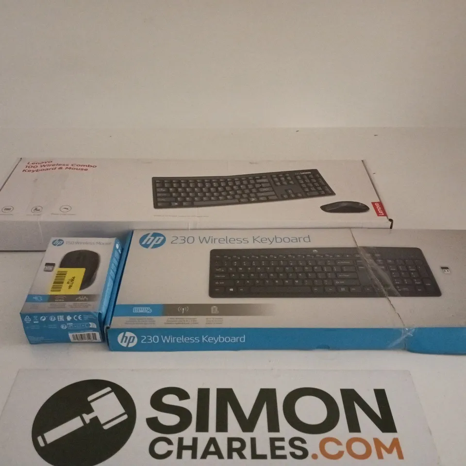 BOX OF APPROXIMATELY 20 ASSORTED ITEMS TO INCLUDE HP 230 WIRELESS KEYBOARD, LENOVO 100 WIRELESS COMBO KEYBOARD AND MOUSE ETC