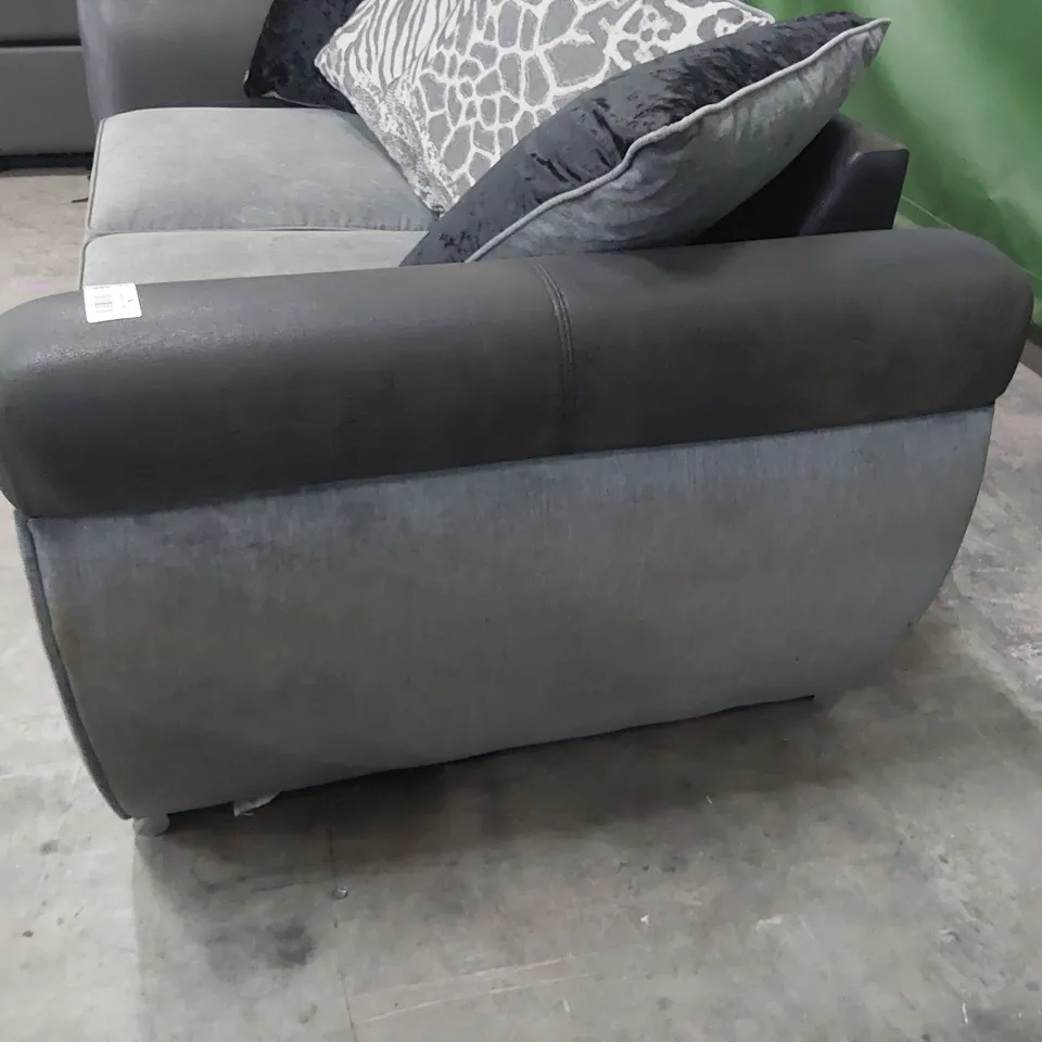 DESIGNER TWO SEATER SOFA BLACK FAUX LEATHER & GREY FABRIC WITH SCATTER CUSHIONS 