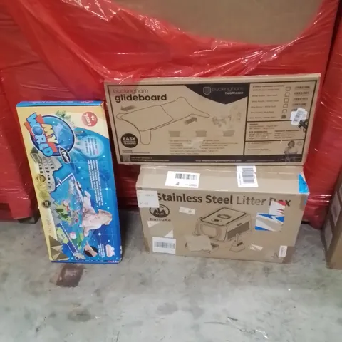 PALLET OF ASSORTED HOUSEHOLD GOODS AND PRODUCTS TO INCLUDE;STAINLESS STEEL LITTER BOX,GLIDEBOARD,KIDS WORLD POSTER