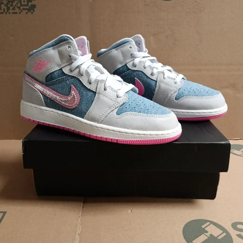 BOXED PAIR OF NIKE AIR JORDAN 1 MID SHOES IN DENIM/GREY/PINK GLITTER SIZE UK 4