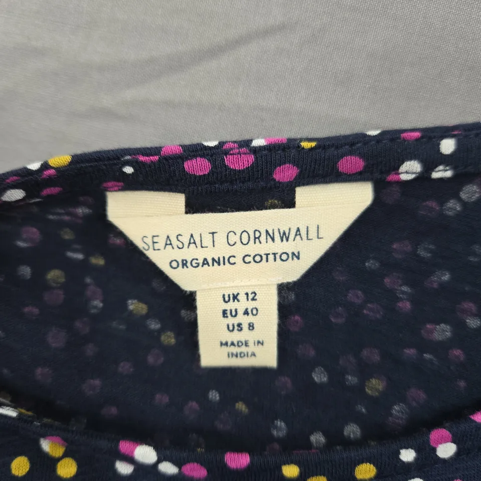 SEASALT CORNWALL ORGANIC COTTON TOP – NAVY WITH MULTICOLOURED DOTS – UK 12