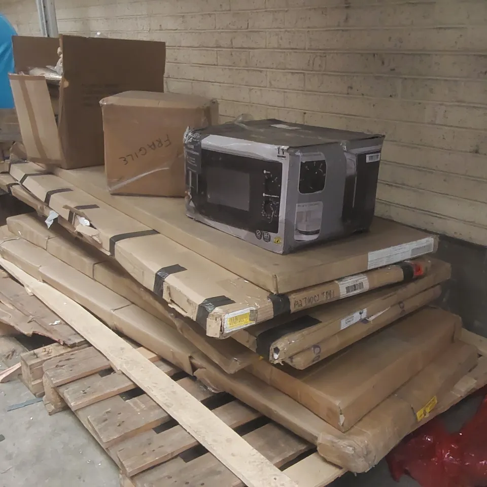 PALLET CONTAINING A LARGE QUANTITY OF ASSORTED ITEMS INCLUDING: CLOTHING, MICROWAVE, FURNITURE PARTS ECT