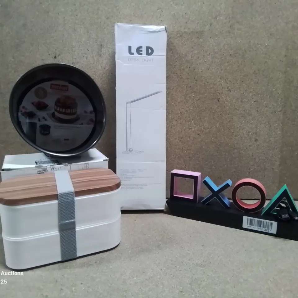 BOX TO CONTAIN ASSORTED HOUSEHOLD GOODS AND PRODUCTS TO INCLUDE;LED DESK LIGHT, ZENKER CAKE TIN, WOODEN LUXURY LUNCH BOX