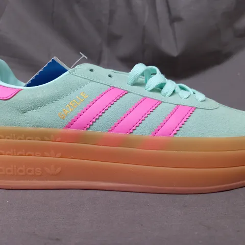 BOXED PAIR OF ADIDAS GAZELLE SHOES IN MINT GREEN/PINK UK SIZE 6