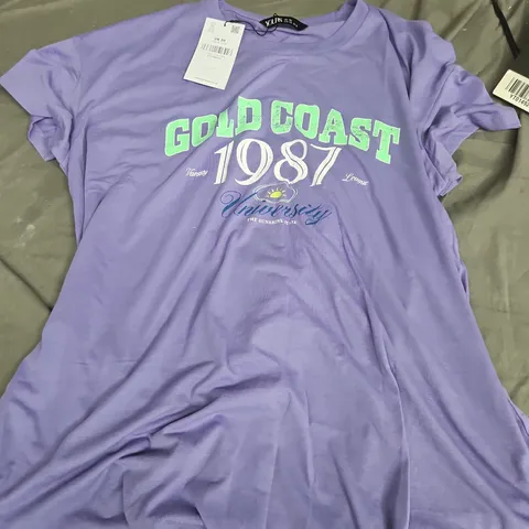 PURPLE YOURS CLOTHING T-SHIRT UK 20 GOLD COAST 1987 UNIVERSITY PRINT