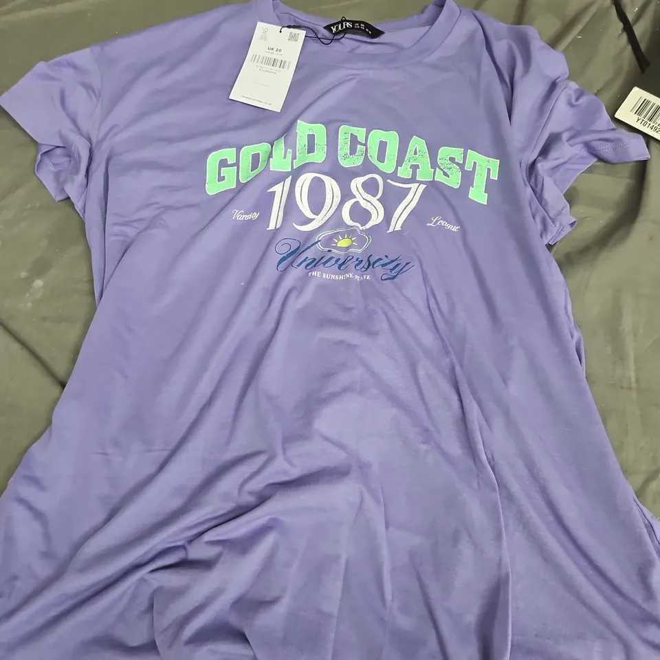 PURPLE YOURS CLOTHING T-SHIRT UK 20 GOLD COAST 1987 UNIVERSITY PRINT