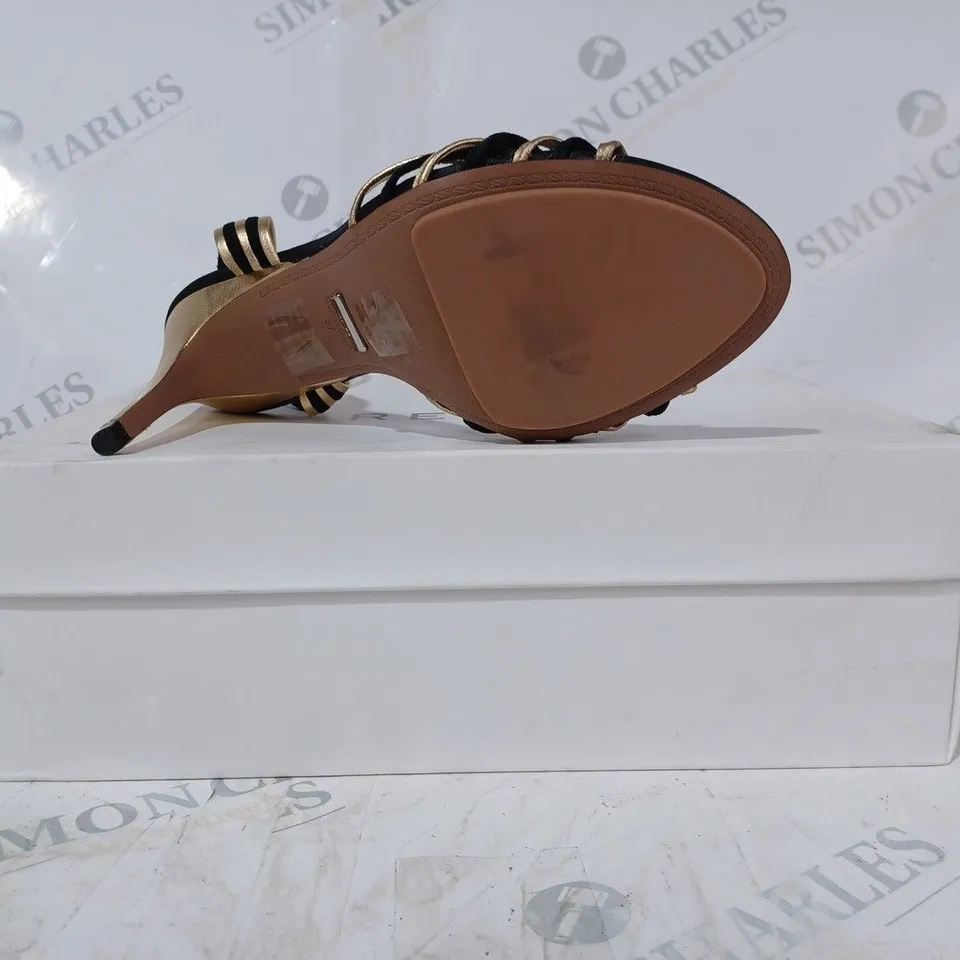 BOXED PAIR OF REISS CASSIDY STRAPPY HEELS IN BLACK/GOLD UK SIZE 4