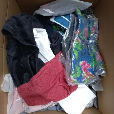 LARGE BOX OF APPROXIMATELY 25 ASSORTED CLOTHING ITEMS IN VARIOUS COLOURS, STYLES AND SIZES - COLLECTION ONLY