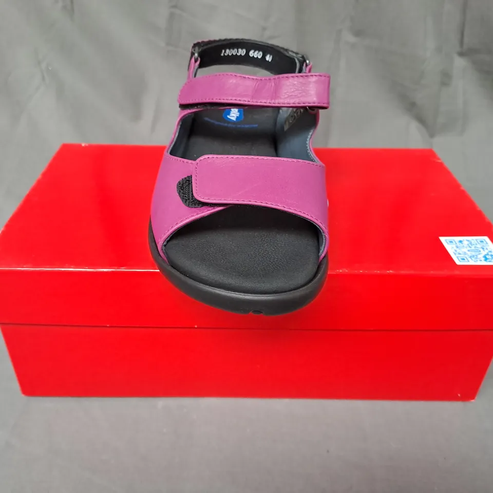 BOXED PAIR OF WOLKY OPEN TOE WEDGE SANDALS IN PURPLE EU SIZE 40