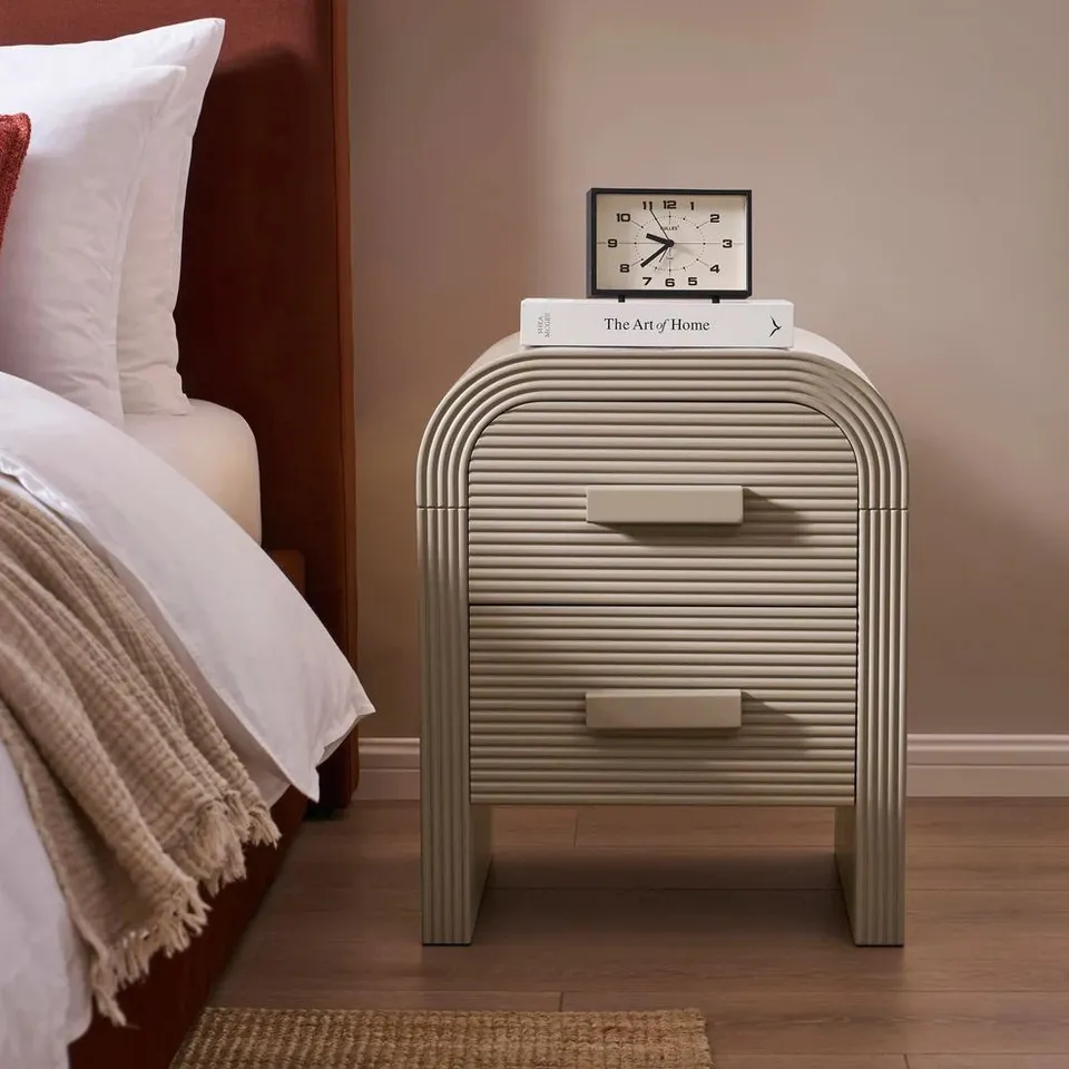 BOXED DUSK SUSIE 2 DRAWER BEDSIDE TABLE - TAUPE (1 BOX)