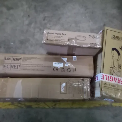PALLET OF ASSORTED ITEMS INCLUDING PADDED BATHTUB GRAB RAIL, ROUND FRYING PAN, CAMPING FOLDOUT CHAIR, BEACH TENT