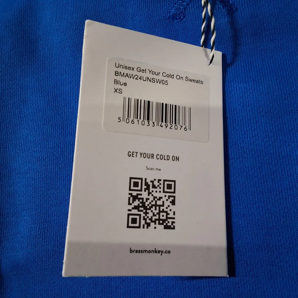 BOX CONTAINING APPROXIMATELY 4 BRASS MONKEY UNISEX BLUE SWEATSHIRT – XS (UK 6–8) GET YOUR COLD ON