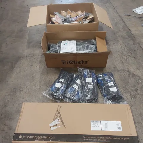 PALLET OF ASSORTED ITEMS INCLUDING: A LARGE QUANTITY OF SNORKELING FLIPPERS, INFLATABLE SURF BOARD, STEP LADDER ECT