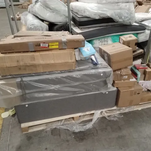 PALLET OF ASSORTED HOUSEHOLD GOODS AND PRODUCTS TO INCLUDE; DIVAN BASE, CURTAINS, METAL RACKING, FLY CATCHERS ETC