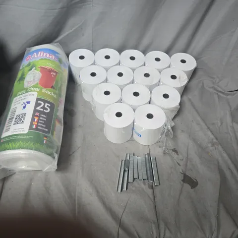 ASSORTED HOUSEHOLD PRODUCTS TO INCLUDE BIN SACKS, TILL ROLLS, LOOSE STAPLES.