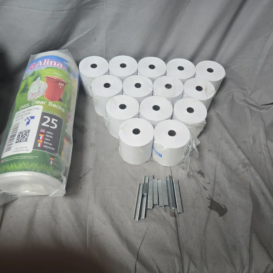 ASSORTED HOUSEHOLD PRODUCTS TO INCLUDE BIN SACKS, TILL ROLLS, LOOSE STAPLES.