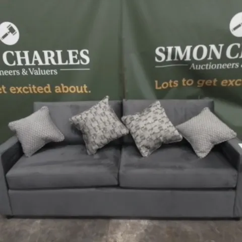 DESIGNER GREY FABRIC THREE SEATER SOFA WITH SCATTER CUSHIONS 