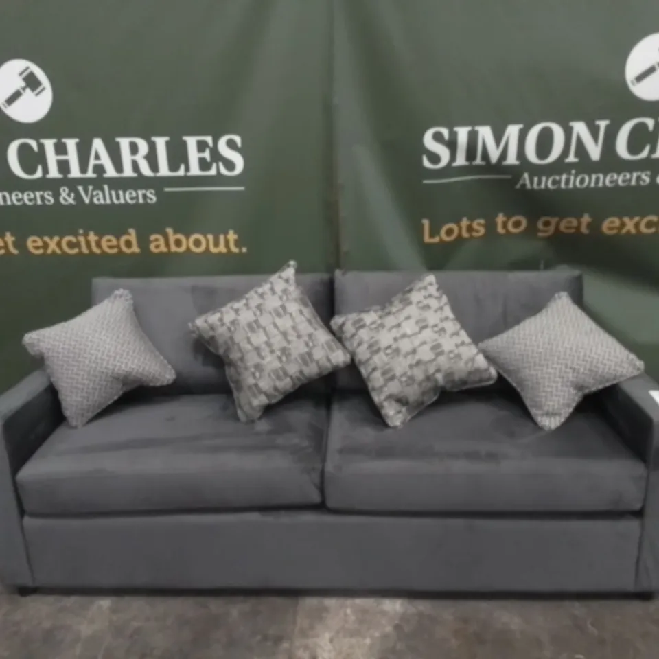 DESIGNER GREY FABRIC THREE SEATER SOFA WITH SCATTER CUSHIONS 