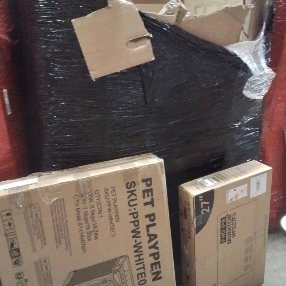 PALLET OF ASSORTED HOUSEHOLD GOODS AND PRODUCTS TO INCLUDE;PET PLAYPEN,MONITOR,FULL LENGTH MIRROR