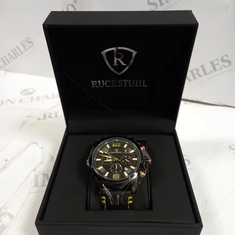 MENβS RUCKSTUHL CHRONOGRAPH WATCH β MODEL R120 β BLACK MULTI-FUNCTION DIAL β BLACK GENUINE LEATHER STRAP β 3ATM WATER RESISTANT
