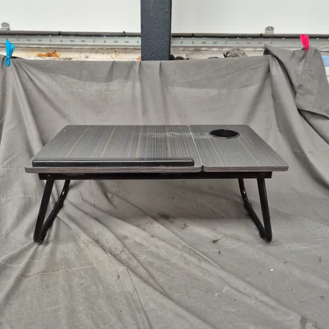 ADJUSTABLE LAPTOP DESK WITH WOOD-GRAIN TOP AND FOLDABLE BLACK METAL LEGS