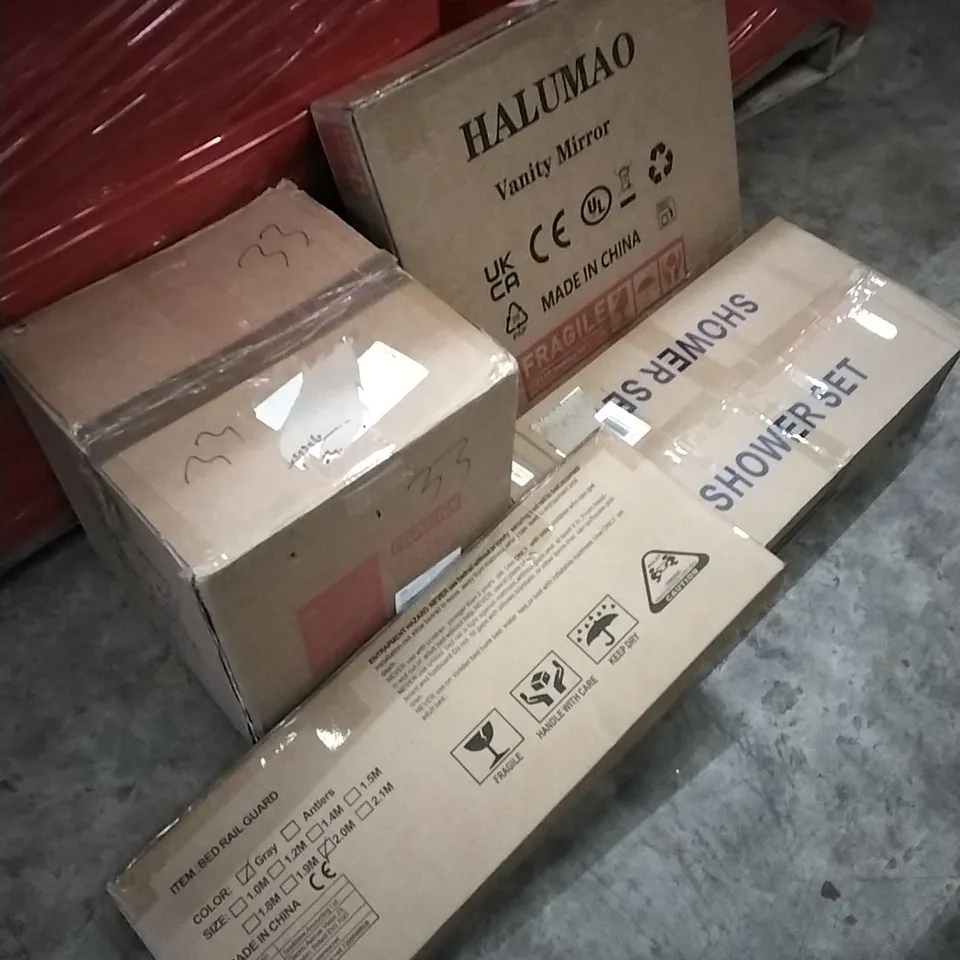 PALLET OF HOUSEHOLD ITEMS TO INCLUDE PICTURE FRAMES, BED RAIL GUARD,SAFE,MIRROR, SHOWER SET...