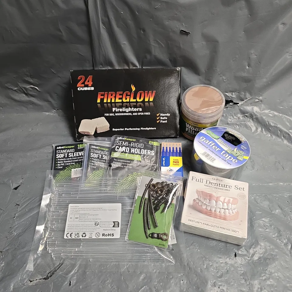 APPROXIMATELY 10 ASSORTED HOUSEHOLD ITEMS TO INCLUDE - FIREGLOW FIRELIGHTERS - EVERBUILD WOOD FILLER - RHINO GAFFER TAPE - ETC