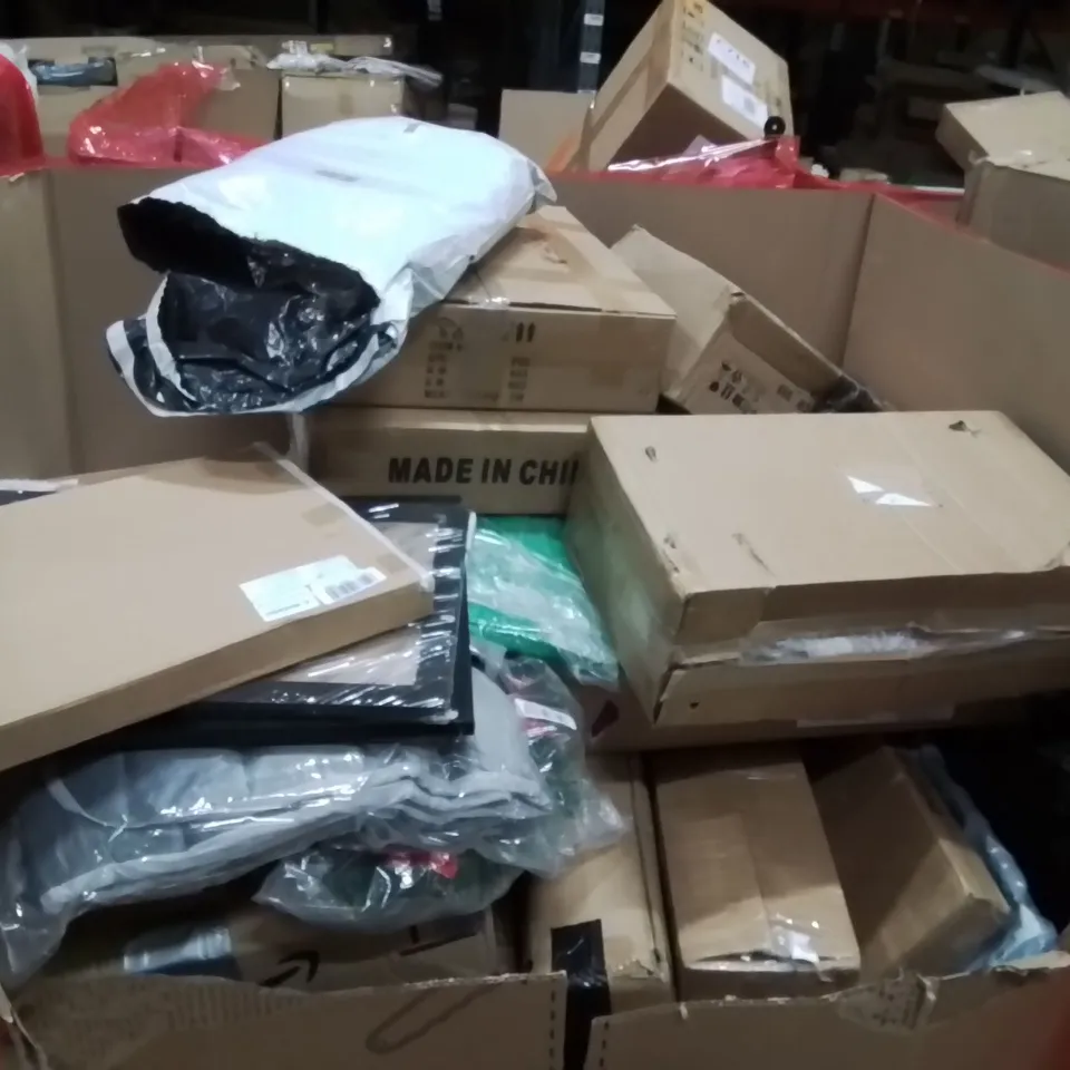 PALLET OF ASSORTED HOUSEHOLD GOODS AND PRODUCTS TO INCLUDE;UNDER DESK BIKE,ELLIPTICAL MACHINE,DISPLAY CASES 