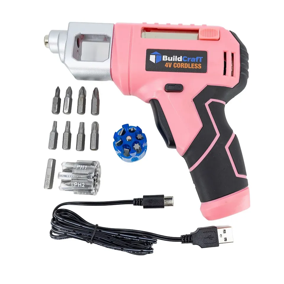 BUILDCRAFT CORDLESS SCREWDRIVER WITH CARTRIDGE BIT CHANGER BOXED PINK