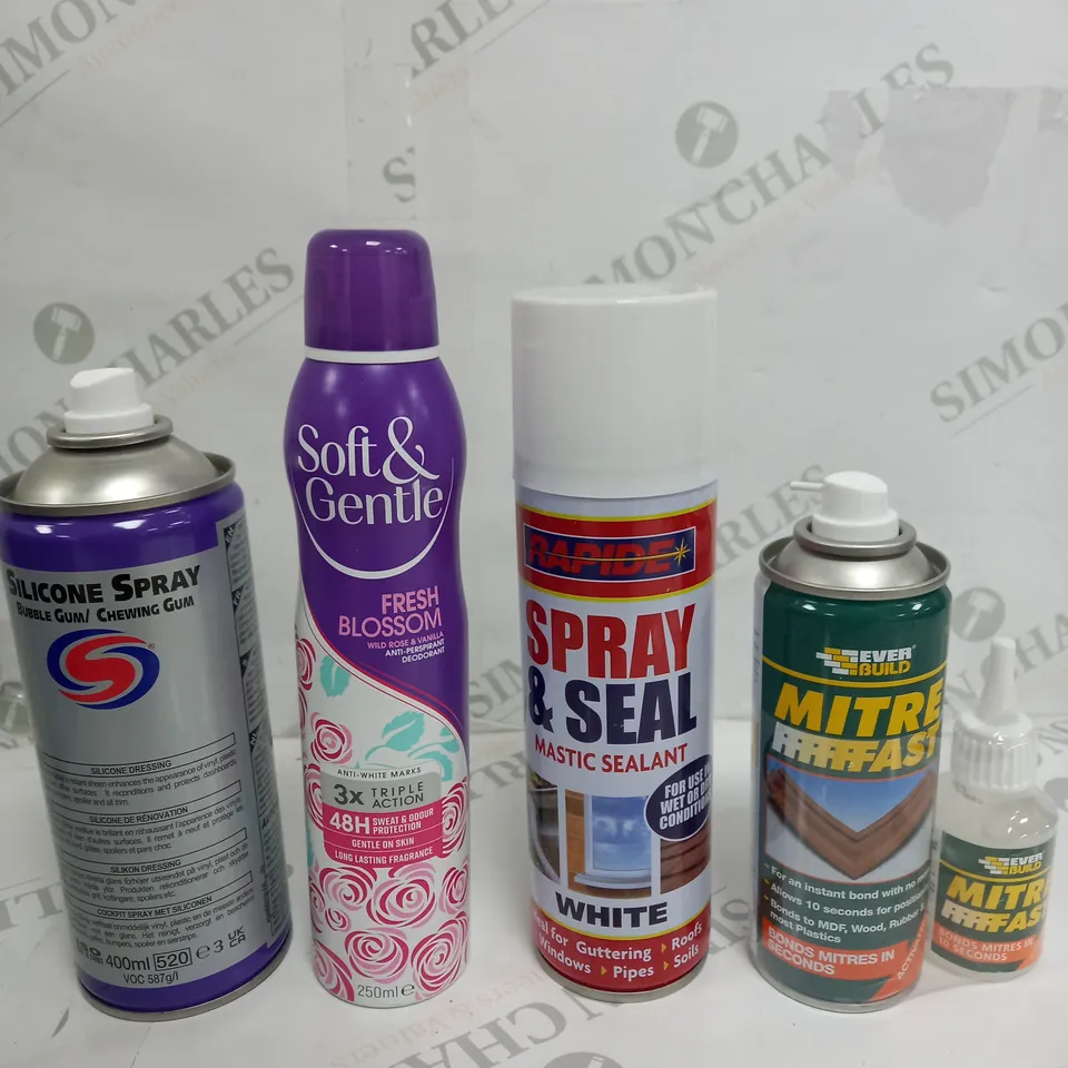 BOX OF APPROX 10 ASSORTED LIQUIDS TO INCLUDE - SILICONE SPRAY, MITRE FAST, SPRAY & SEAL ETC