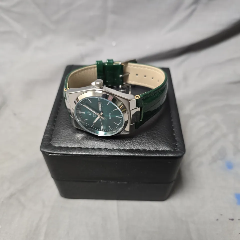 MENS ERNEST FERDINAND WATCH – GREEN DAY DATE CALENDAR DIAL – GREEN LEATHER STRAP – 3ATM WATER RESISTANT - GIFT BOX – EST £250