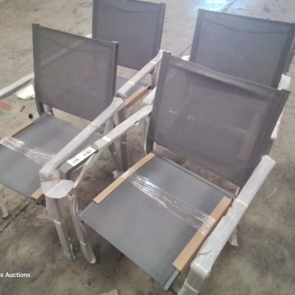 SET OF FOUR GREY METAL & FABRIC PATIO ARMCHAIRS