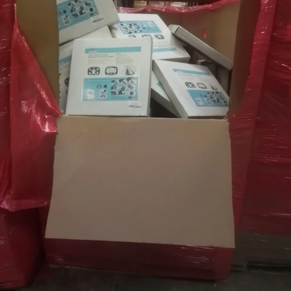PALLET OF ASSORTED HOUSEHOLD GOODS AND FURNITURE TO INCLUDE; LARGE QUANTITY OF E??MOVE 2-IN-1 POP UP TARGET, GOAL AND ROLL DOWN STUMPS 