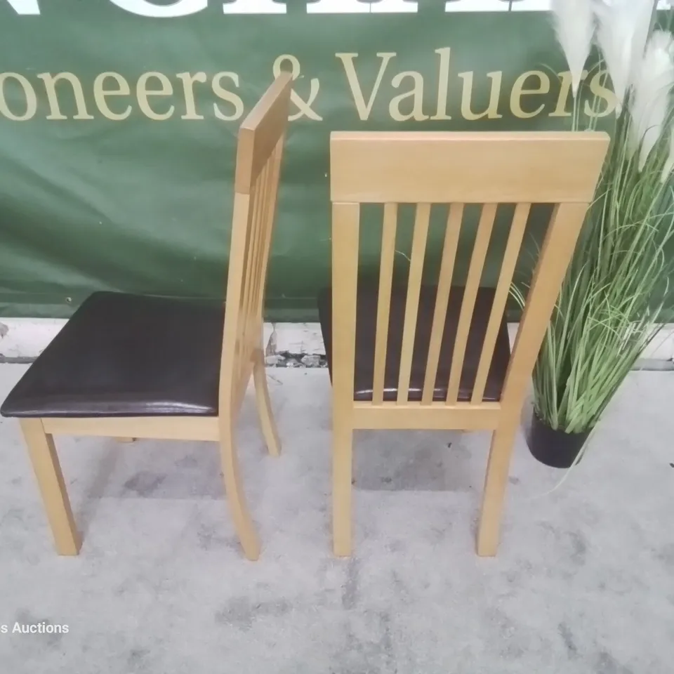 PAIR OF OXFORD OAK DINING CHAIRS BROWN SEAT PADS