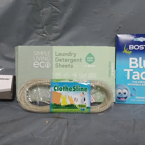APPROXIMATELY 10 ASSORTED HOUSEHOLD ITEMS TO INCLUDE BLU-TACK, LAUNDRY DETERGENT SHEETS, CLOTHESLINE, ETC