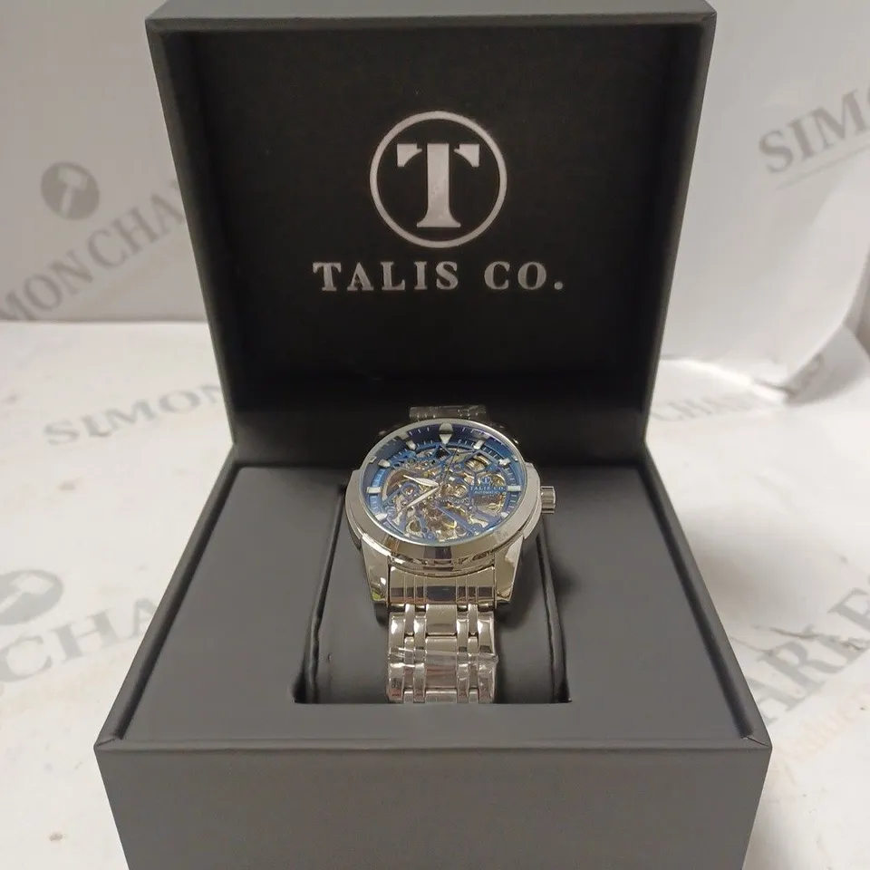 MEN’S TALIS CO 7820 AUTOMATIC WATCH – BLUE SKELETON DIAL AND CASE – STAINLESS STEEL STRAP – GLASS BACKCASE