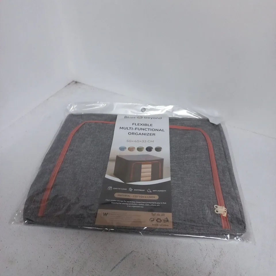 BLISS & BEYOND FLEXIBLE MULTI-FUNCTIONAL ORGANIZER – GREY FABRIC WITH ORANGE ZIP