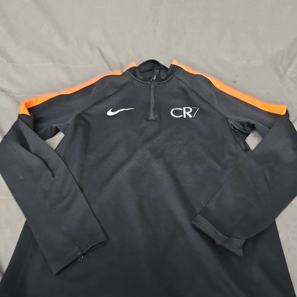 NIKE DRI-FIT TRAINING TOP, BLACK WITH ORANGE STRIPES – KIDS’ SIZE L (147-158 CM)