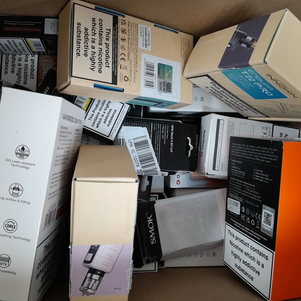 BOX OF APPROXIMATELY 20 ASSORTED E-CIGARETTE/VAPING PRODUCTS - MAKES, MODELS, COLOURS, AND STYLES VARY - COLLECTION ONLY