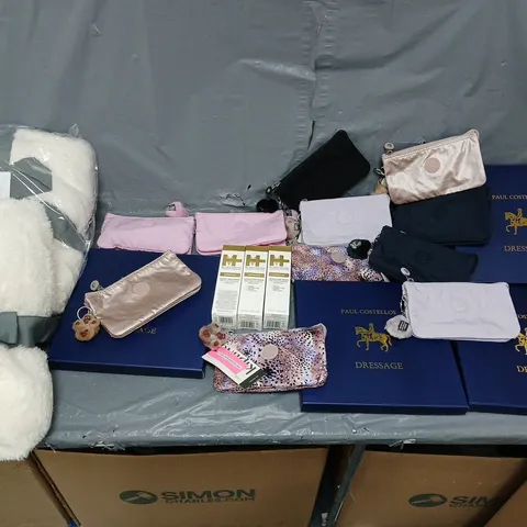 APPROXIMATELY 12 ASSORTED HOUSEHOLD GOODS TO INCLUDE FLUFFY PONCHO, KIPLING PURSES, AND PAUL COSTELLOE DRESSAGES ETC. 