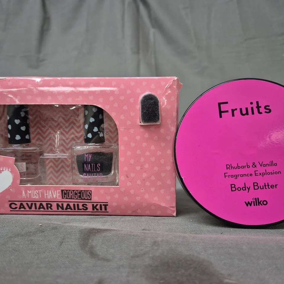 BOX OF APPROXIMATELY 15 ASSORTED HEALTH AND BEAUTY ITEMS TO INCLUDE CAVIAR NAILS KIT, FRUITS BODY BUTTER, ETC - COLLECTION ONLY